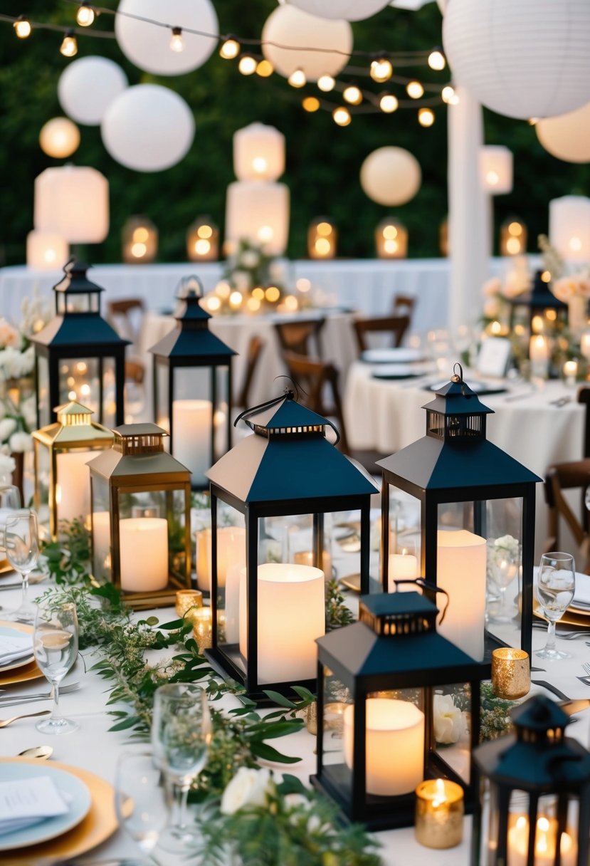 An array of lanterns in various sizes and styles adorns the wedding table, creating an eclectic and artistic centerpiece