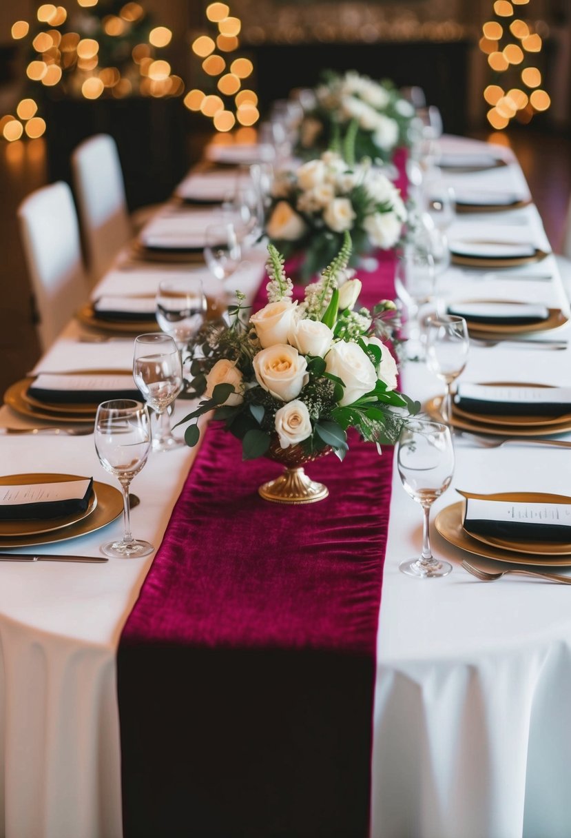 A lavish wedding table adorned with rich velvet table runners, adding a touch of luxury and elegance to the decor