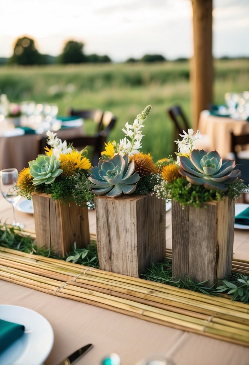 Reclaimed wood centerpieces adorned with succulents and wildflowers, set on eco-friendly bamboo table runners for a sustainable wedding