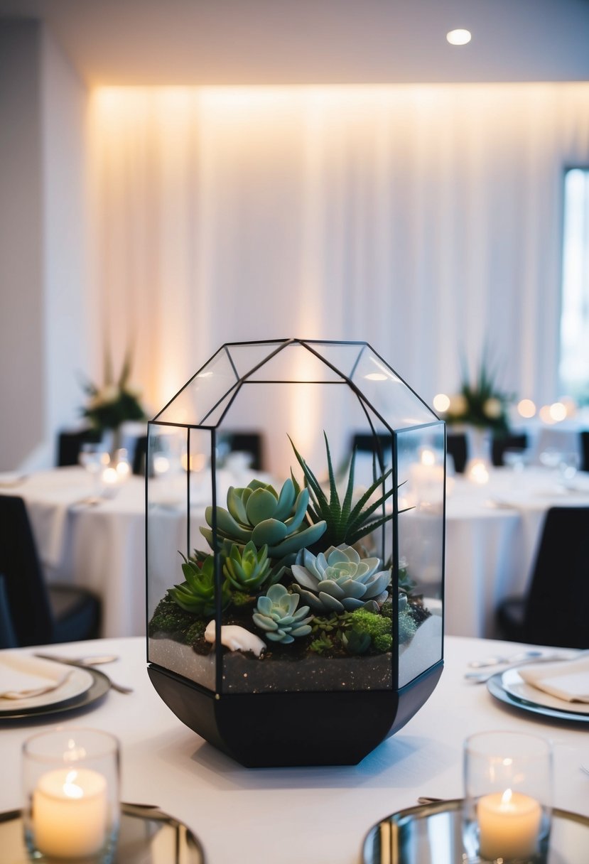 A modern terrarium centerpiece with succulents sits on a sleek wedding table, surrounded by minimalist decor and soft, ambient lighting