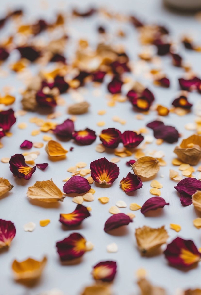 Dried flower petals scattered across a wedding table, resembling confetti