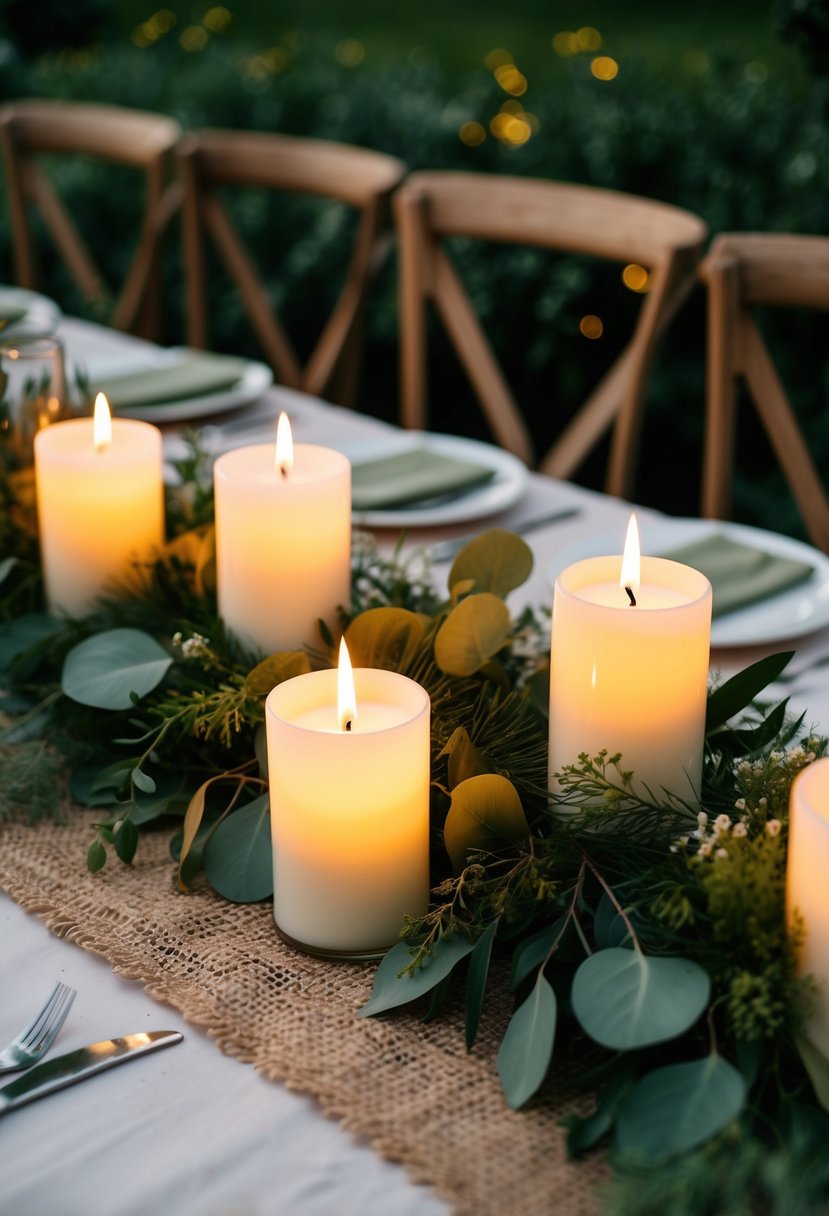 Soy candles illuminate a rustic wedding table adorned with greenery and natural elements, creating an eco-friendly and sustainable ambiance