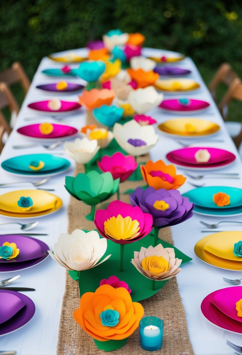 A table adorned with colorful handmade paper flowers in various sizes and styles, creating a sustainable and eco-friendly wedding decoration