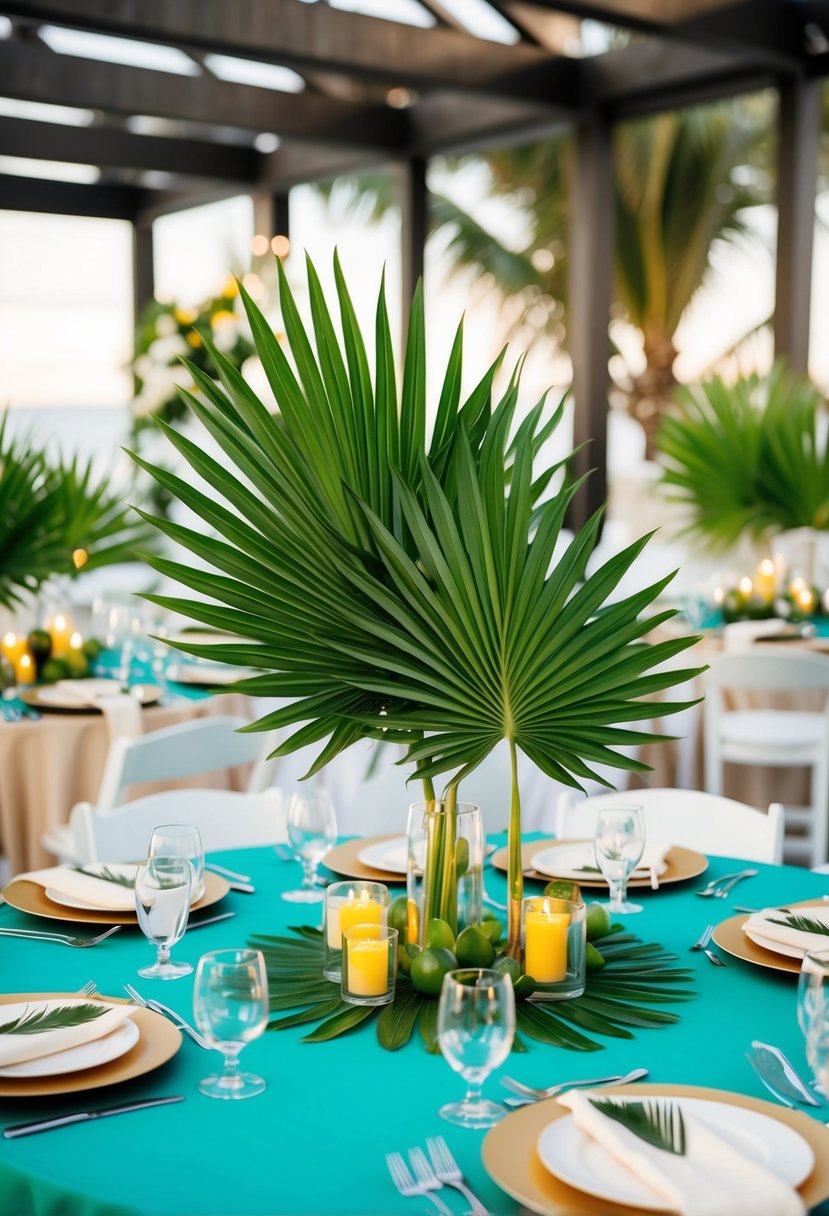 Vibrant palm leaf table placements arranged in a modern and tropical setting for a cutting-edge wedding table decoration