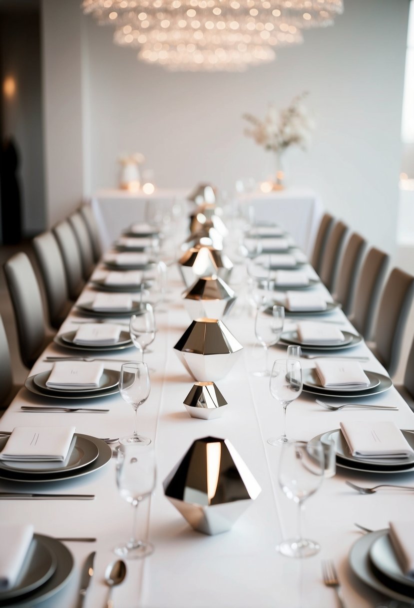 A sleek white table adorned with silver geometric centerpieces and minimalist decor