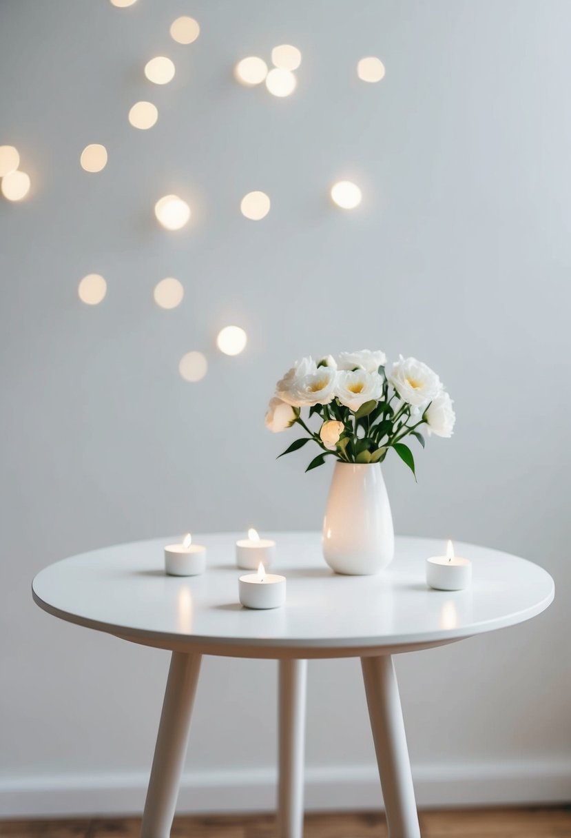 A simple white table with a single vase of white flowers and a few scattered tea lights