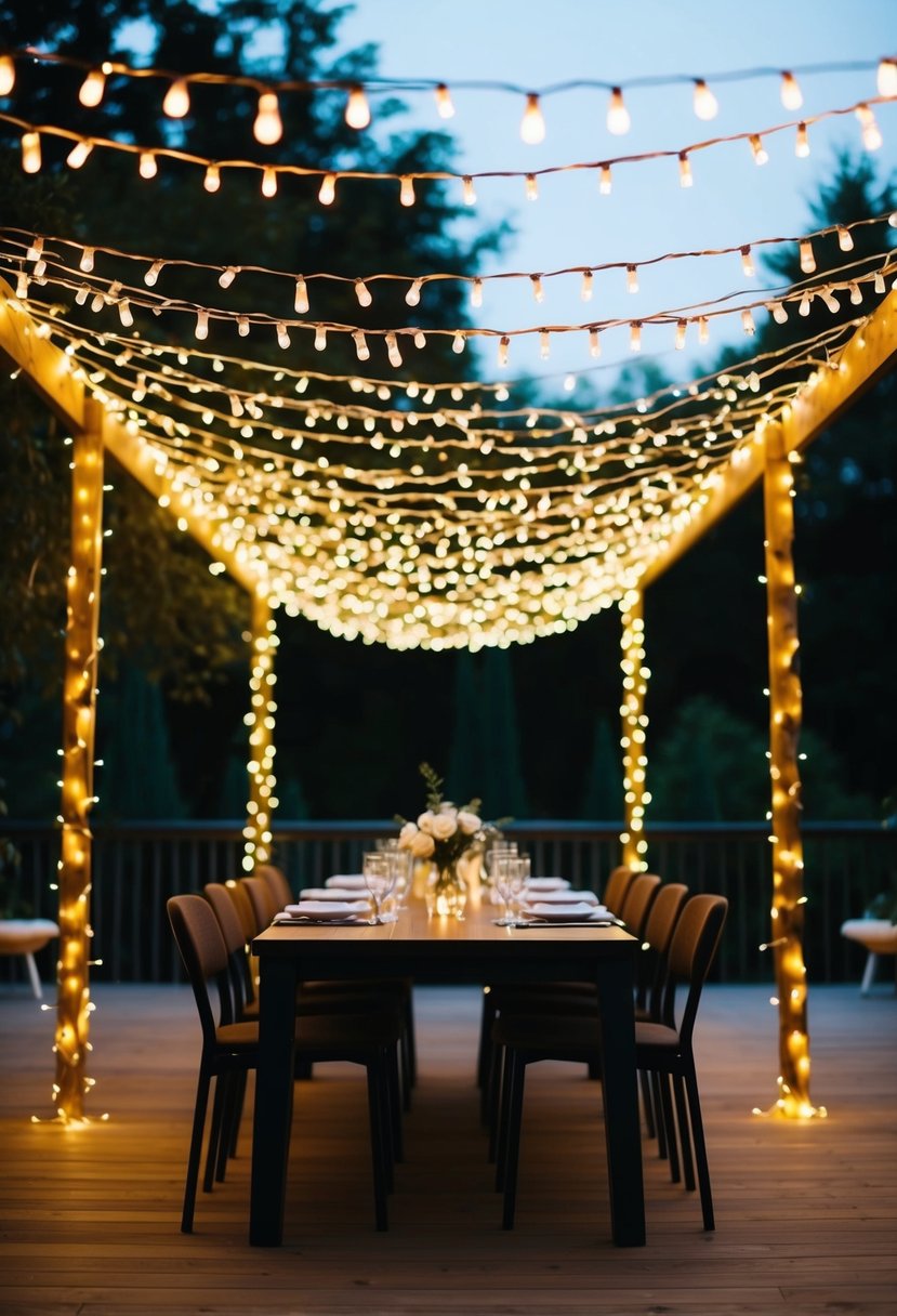 A dining table adorned with a canopy of fairy lights, casting a warm and magical glow over the setting, creating a romantic and enchanting atmosphere