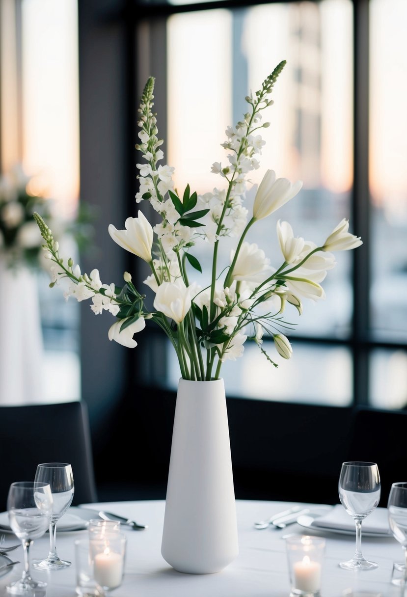 A single-stem floral arrangement in a modern, minimalist vase sits atop a sleek wedding table, creating a chic and elegant centerpiece