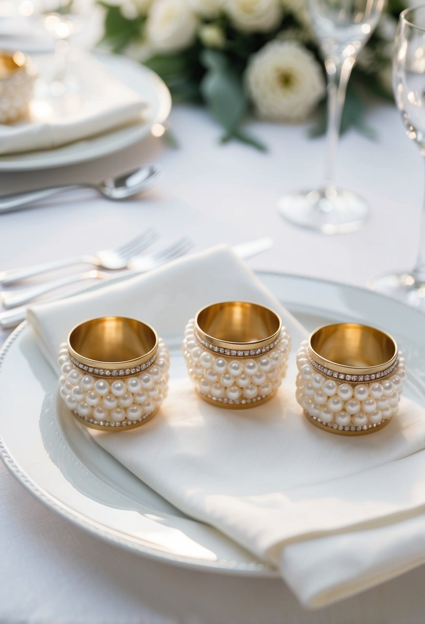 Elegant napkin rings adorned with lustrous pearls, arranged on a pristine wedding table setting