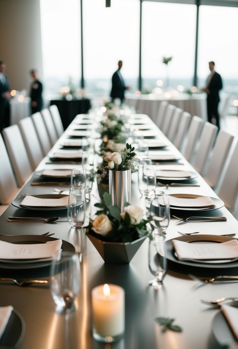 A sleek metal table with geometric place settings and minimalist decor for a chic wedding reception