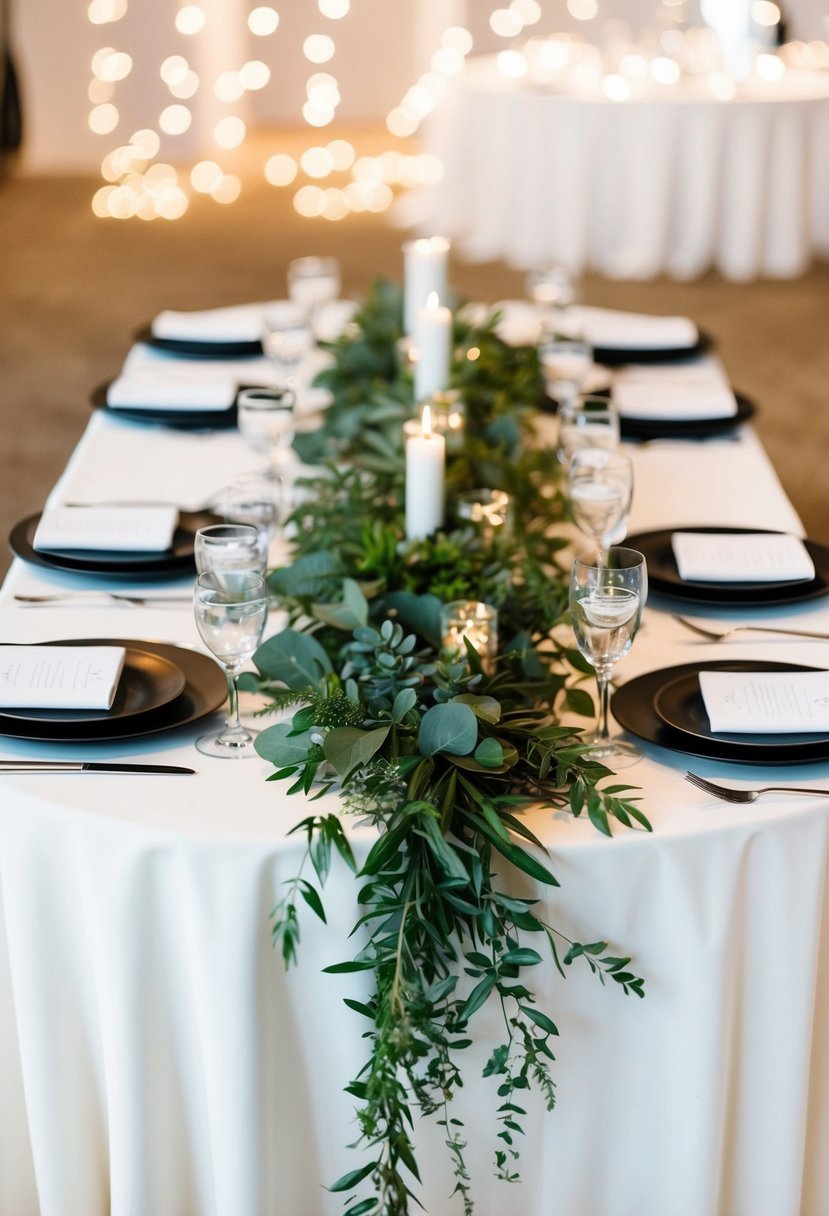 A simple, modern table adorned with cascading greenery centerpiece