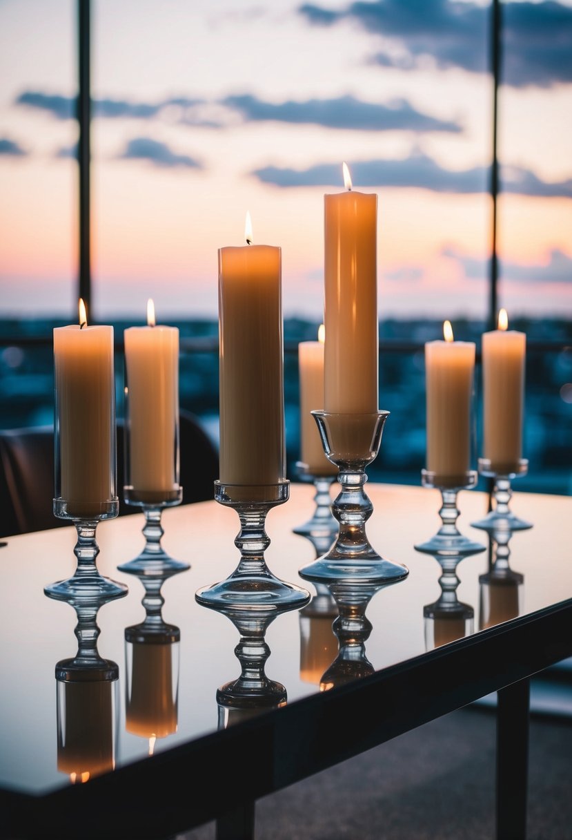 Tapered candles in glass holders arranged on a sleek, modern wedding table