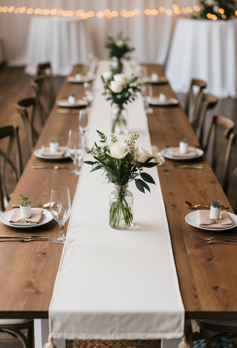 A wooden table adorned with minimalist chic table runners for a wedding decoration