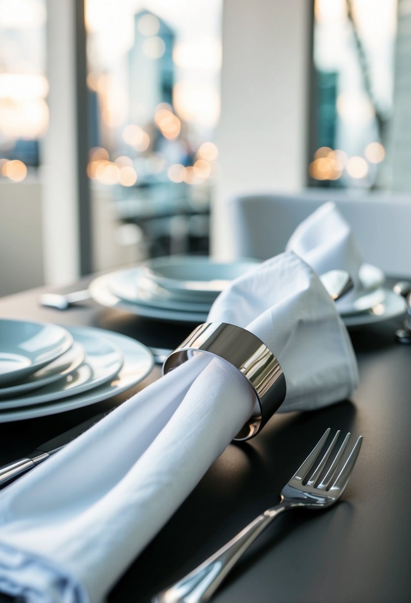 White linen napkins neatly folded with modern metal napkin rings on a sleek table setting