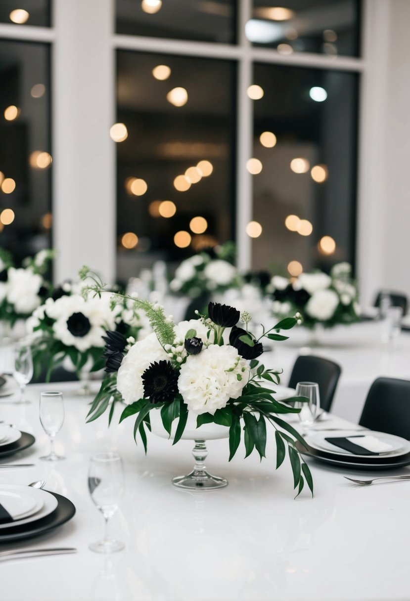 A sleek white table adorned with simple black and white floral arrangements, modern and elegant