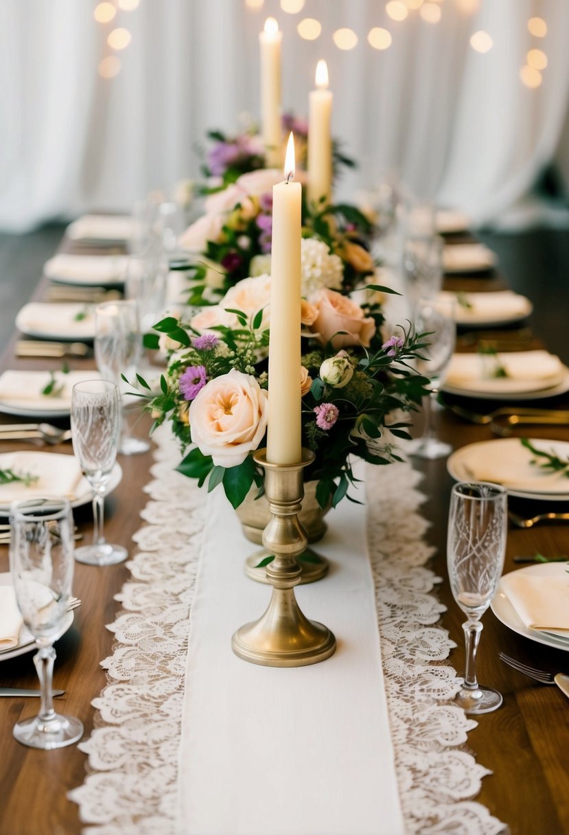 A table adorned with floral centerpieces, elegant candle holders, and delicate lace runners, creating a romantic and whimsical atmosphere for a wedding celebration