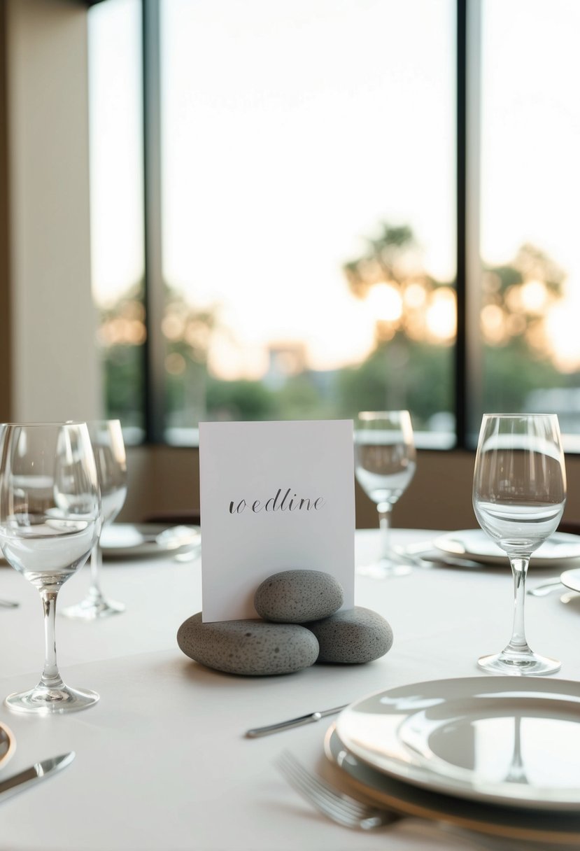 A clean, modern table setting with simple stone card holders showcasing elegant wedding table decorations