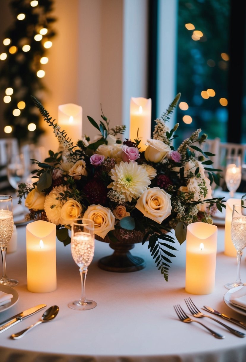 A floral centerpiece with LED candles illuminates a wedding table, creating a romantic and elegant ambiance