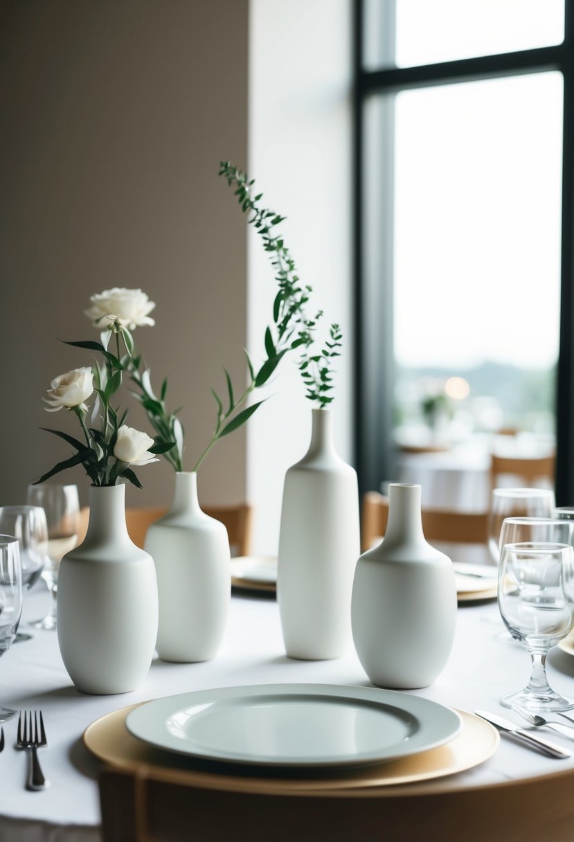 A simple, modern table setting with clean, white ceramic vases as chic wedding decorations