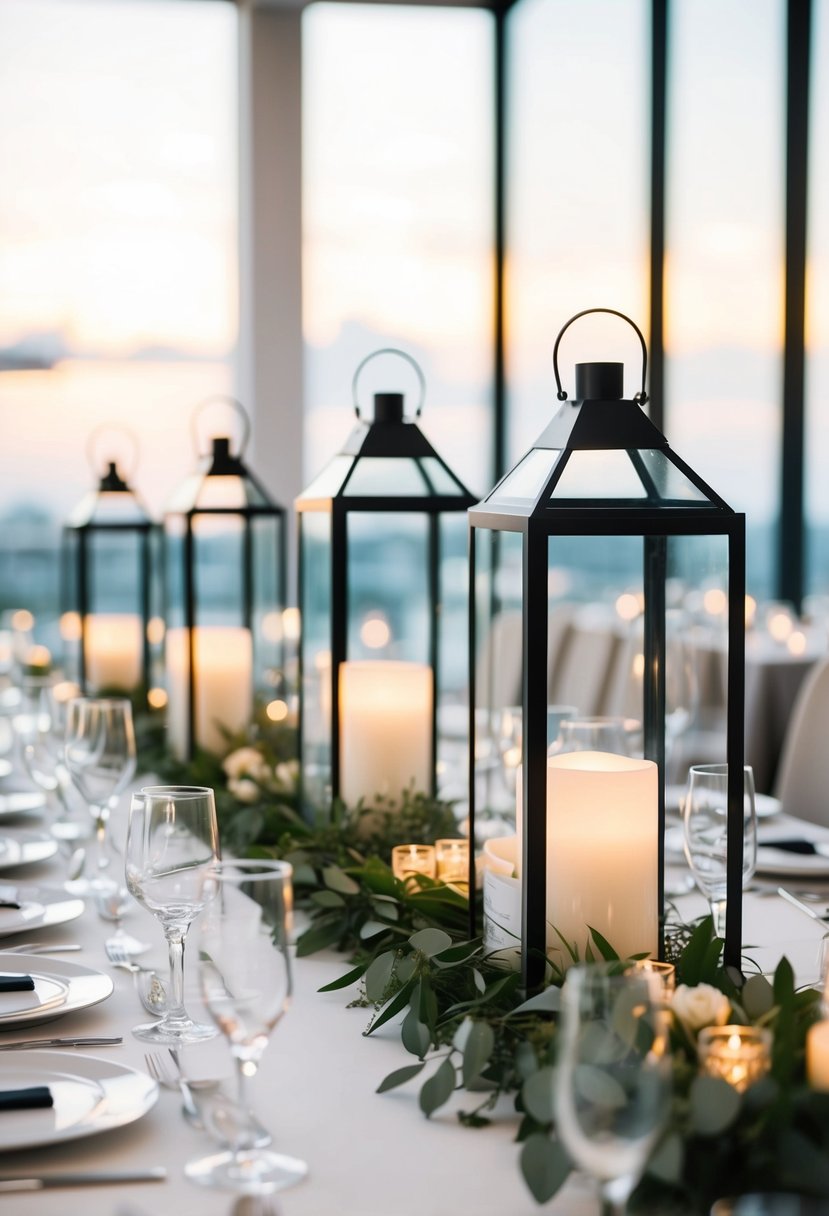 A sleek, modern table adorned with elegant glass lanterns for a chic wedding centerpiece