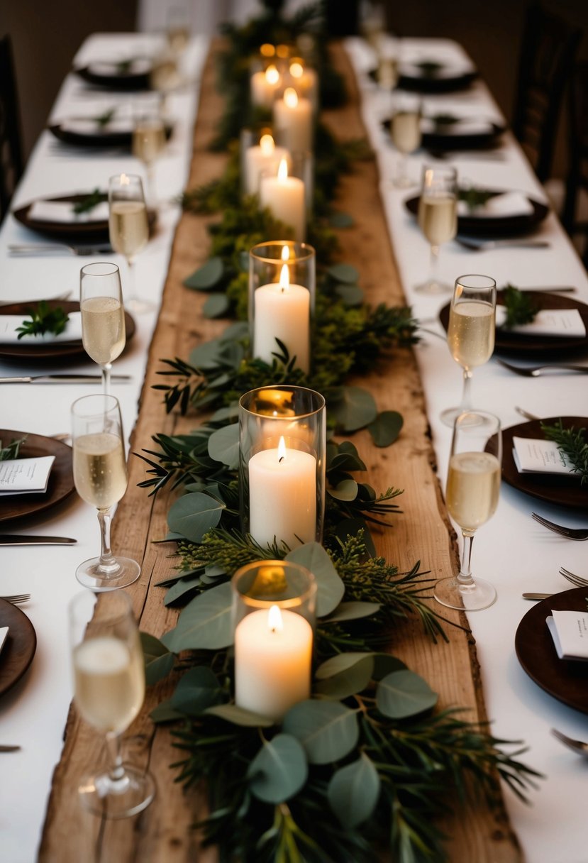 A rustic wood table runner adorned with greenery and candles, set on a wedding reception table