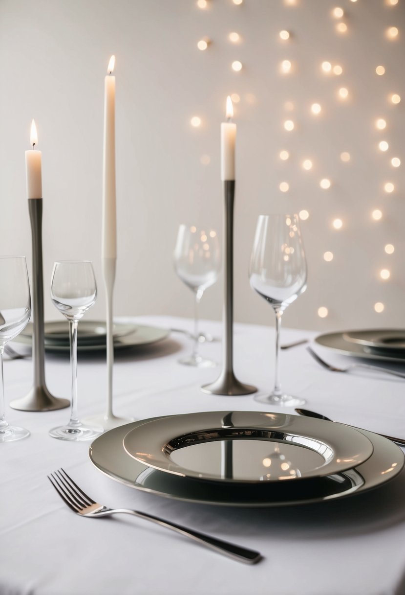 A sleek, modern table with simple, reflective decor in a minimalist wedding setting