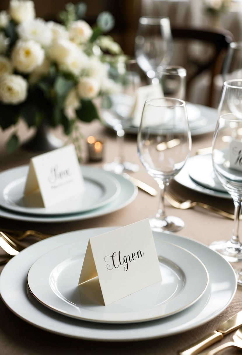 A table set with elegant place cards, each uniquely designed and personalized with guests' names, adding a touch of creativity to the wedding decor