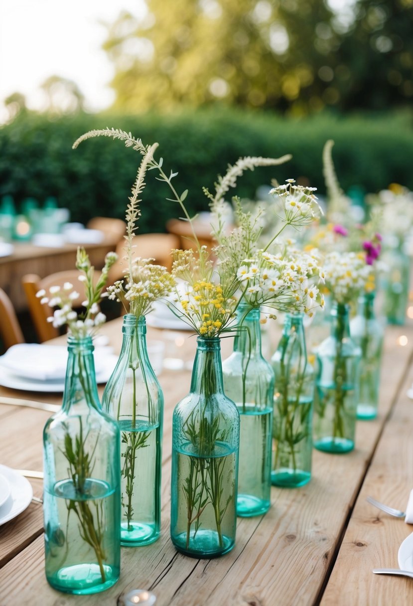 A rustic wooden table adorned with vintage glass bottle vases filled with delicate wildflowers, creating a charming and creative wedding table decoration