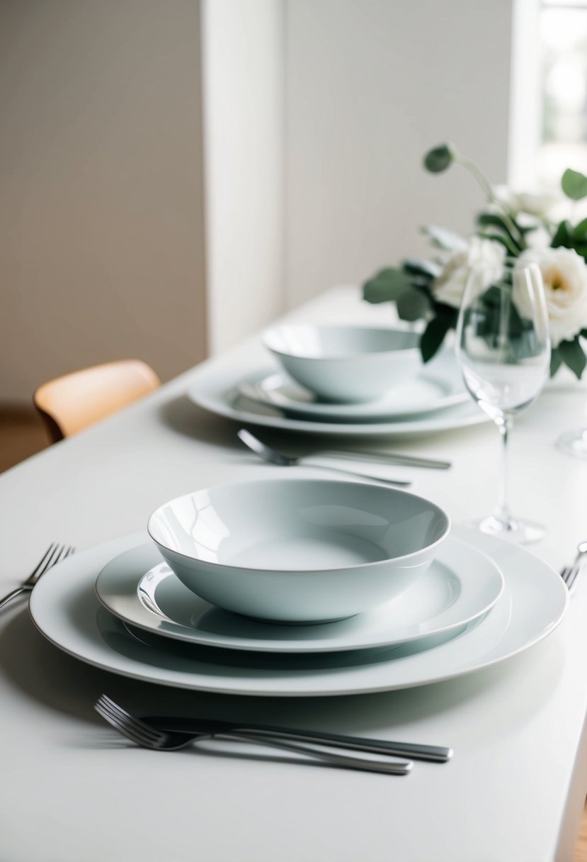 Clean white plates arranged on a sleek table with simple, modern decor for a minimalist chic wedding setting