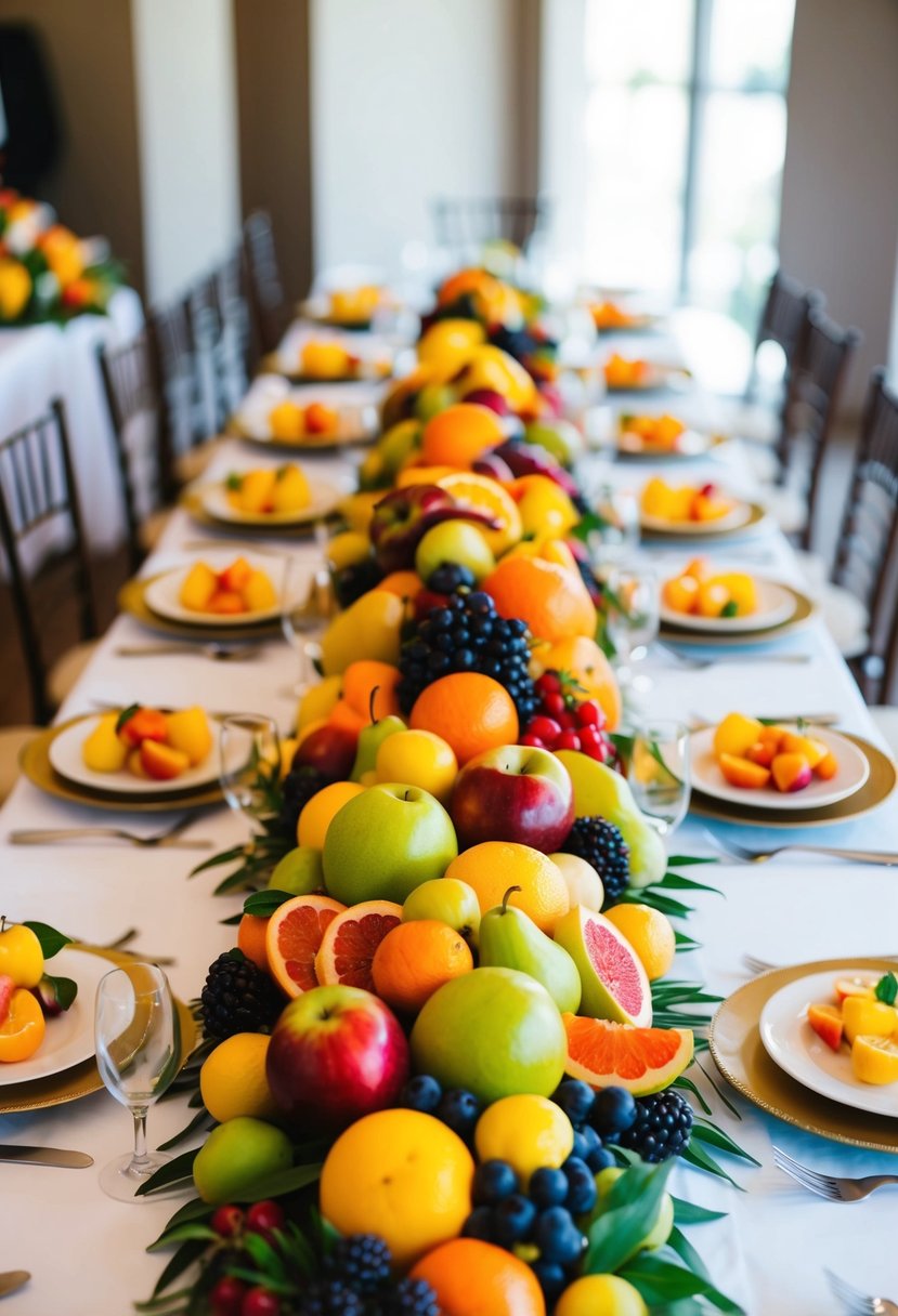 A table adorned with a variety of colorful seasonal fruits arranged in an artistic and decorative manner, serving as a creative and vibrant wedding table centerpiece