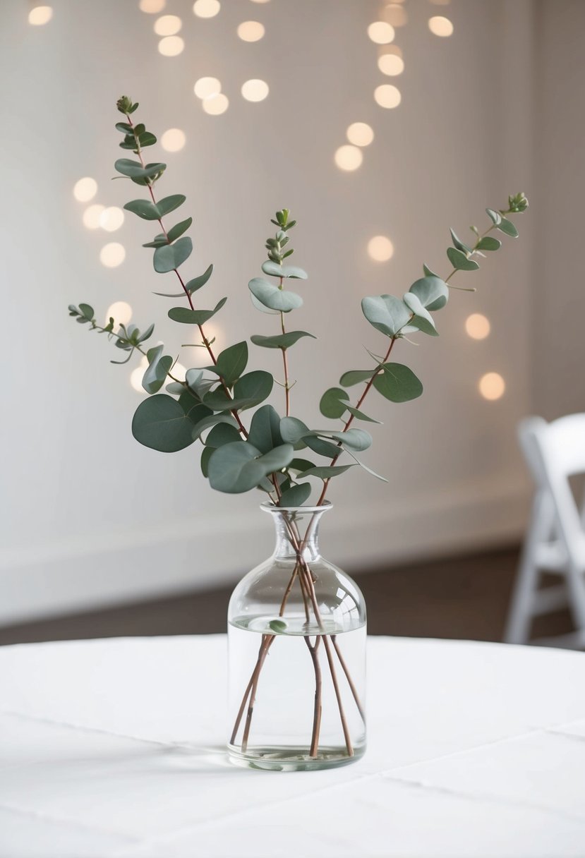 A simple white table with a glass vase holding sprigs of eucalyptus as a minimalist chic wedding decoration