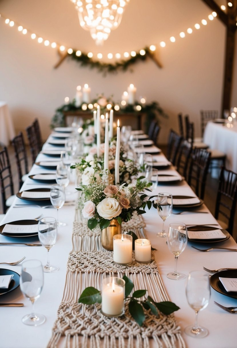 A table set for a wedding reception with a macrame table runner draped across the center, adorned with delicate floral arrangements and candles