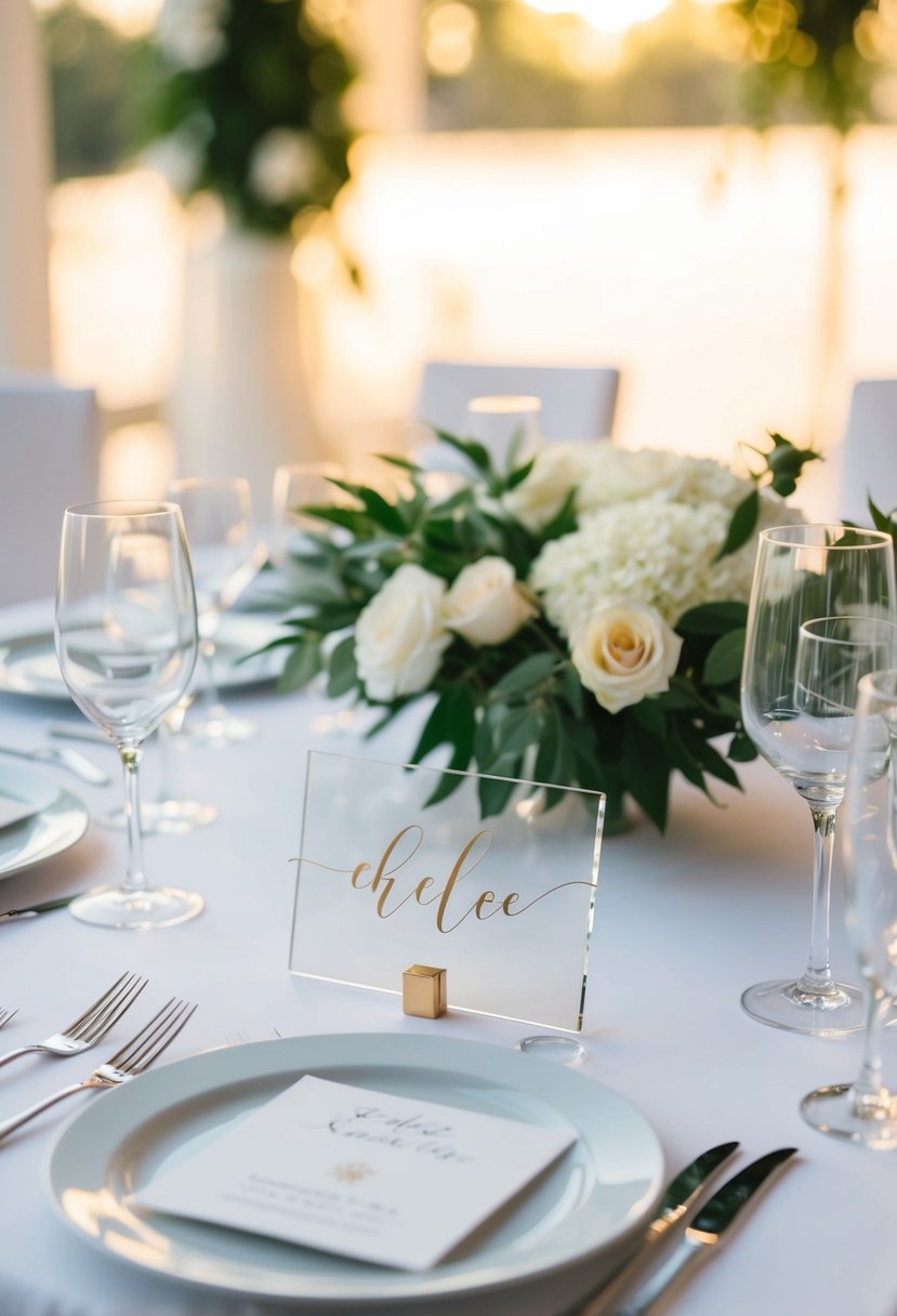 A sleek, modern wedding table set with clear acrylic place cards