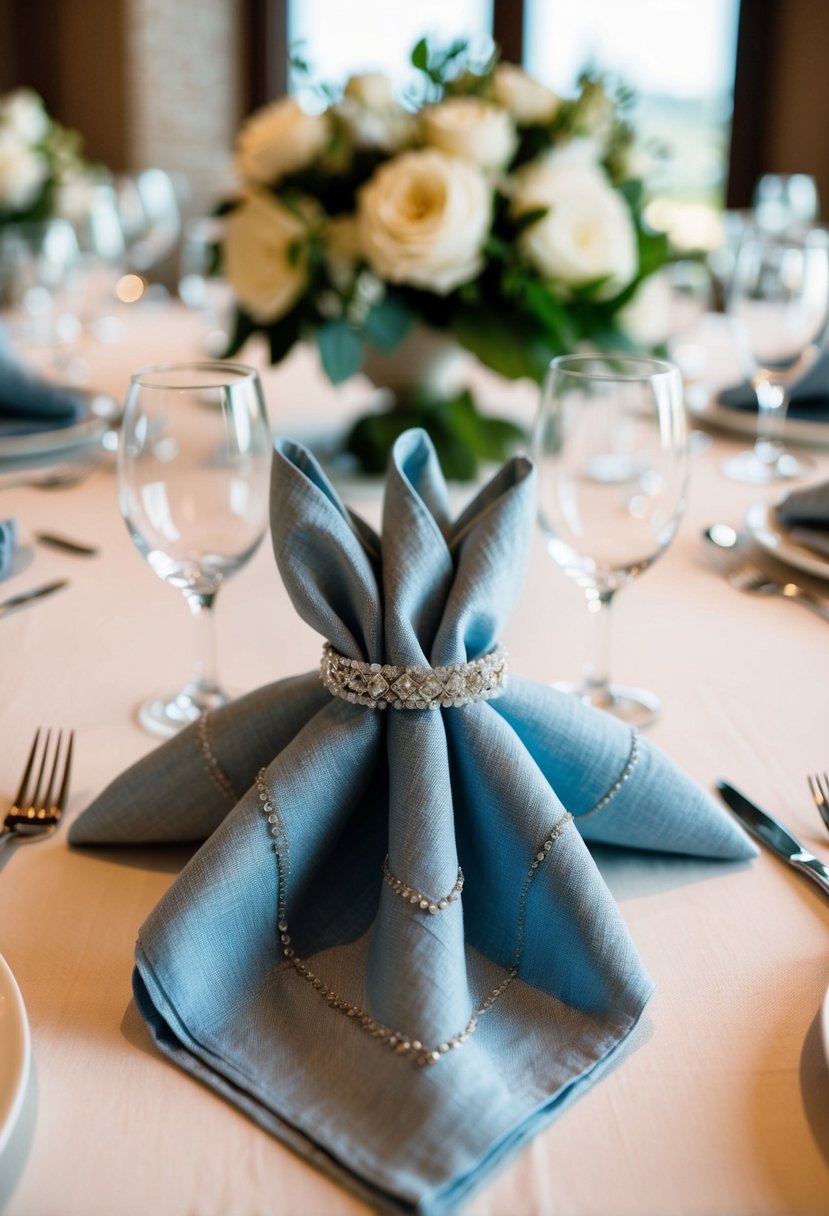 Elegant linen napkins folded into intricate designs, secured with decorative rings, adorning a beautifully set wedding table