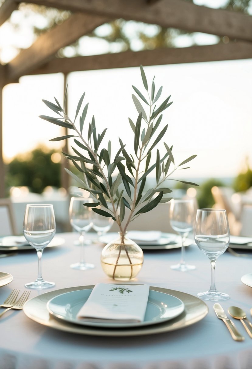 An elegant table setting with a delicate olive branch centerpiece, creating a minimalist and chic wedding decoration