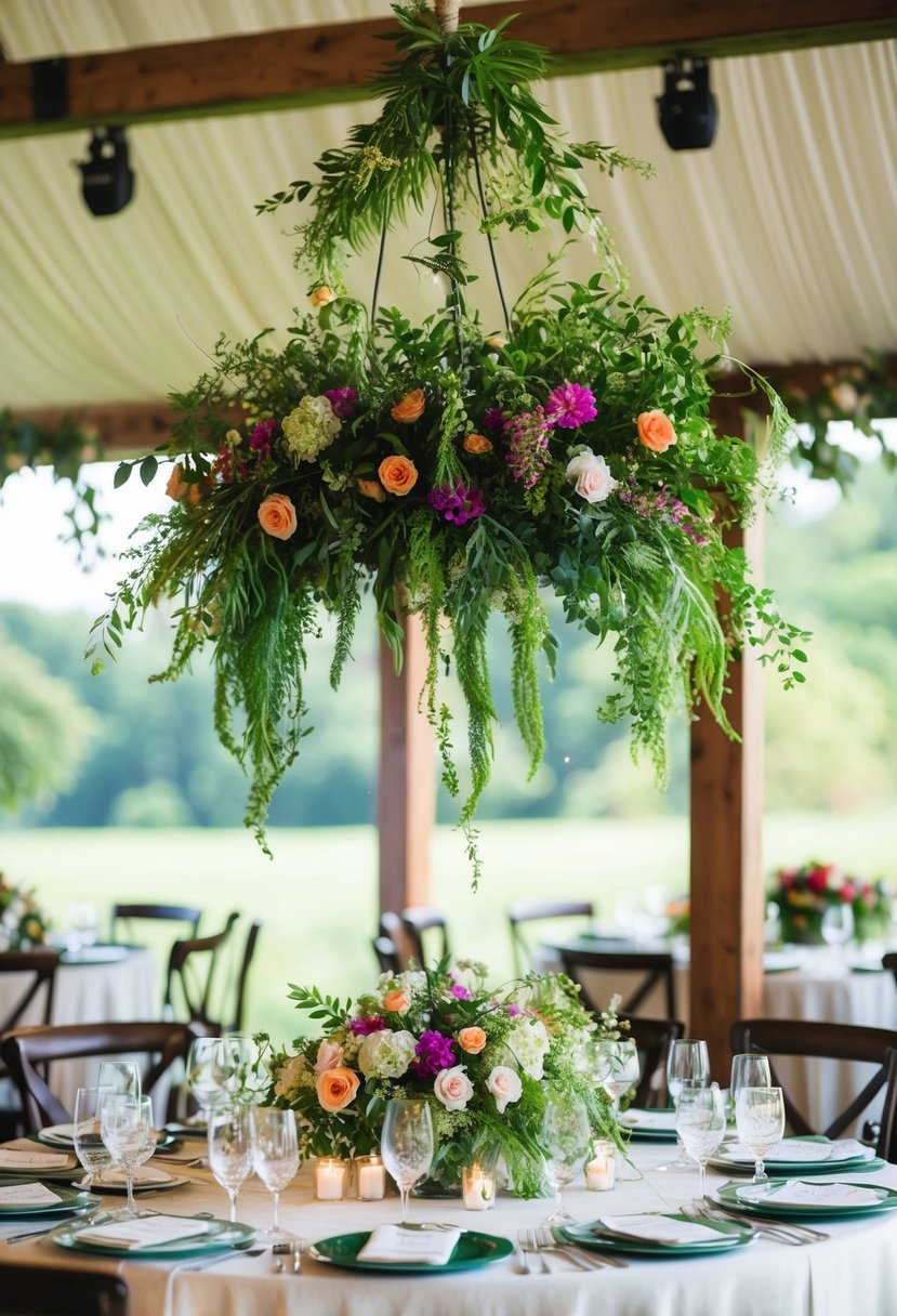 Lush greenery and vibrant flowers hang from above, creating an enchanting wedding table centerpiece