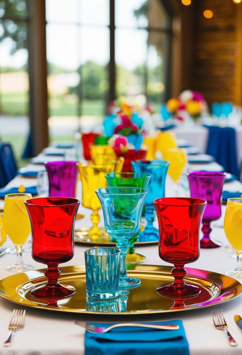 Vibrant colored glassware arranged in a playful and eye-catching display on a wedding reception table