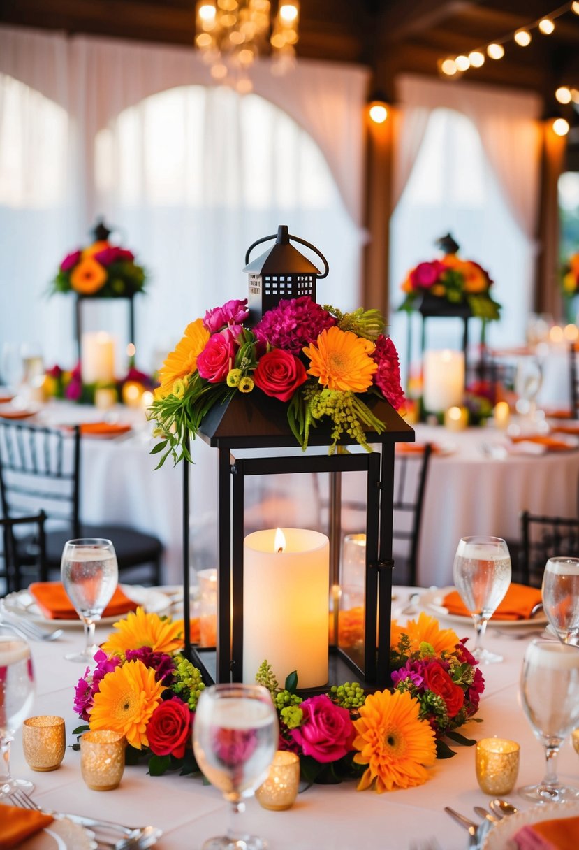 Lantern centerpieces with vibrant flowers adorn a beautifully set wedding table