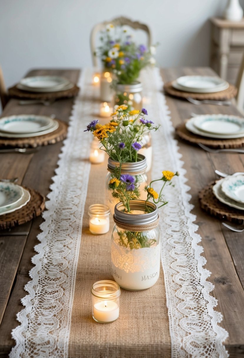 A burlap and lace table runner adorned with mason jars filled with wildflowers and tea lights, set against a backdrop of rustic wooden tables and vintage china