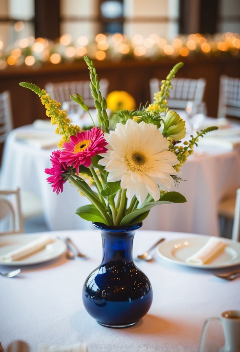 A small vase filled with seasonal flowers sits as a fresh wedding table decoration