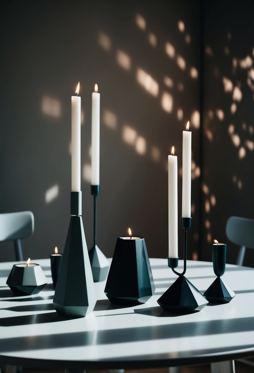 A table set with modern geometric candle holders in various shapes and sizes, casting intricate shadows in a dimly lit room