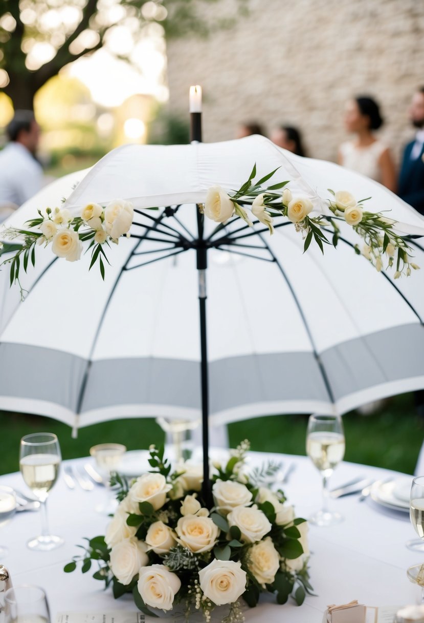 A white umbrella adorned with flowers and ribbons, serving as a centerpiece on a wedding table