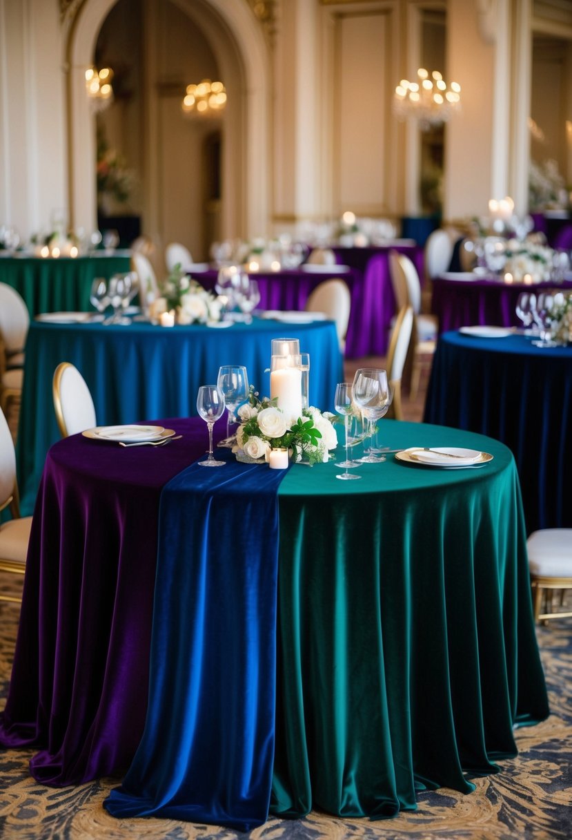 Richly colored velvet tablecloths in emerald green, sapphire blue, and deep amethyst draped elegantly over banquet tables, creating a luxurious and opulent atmosphere for a creative wedding celebration