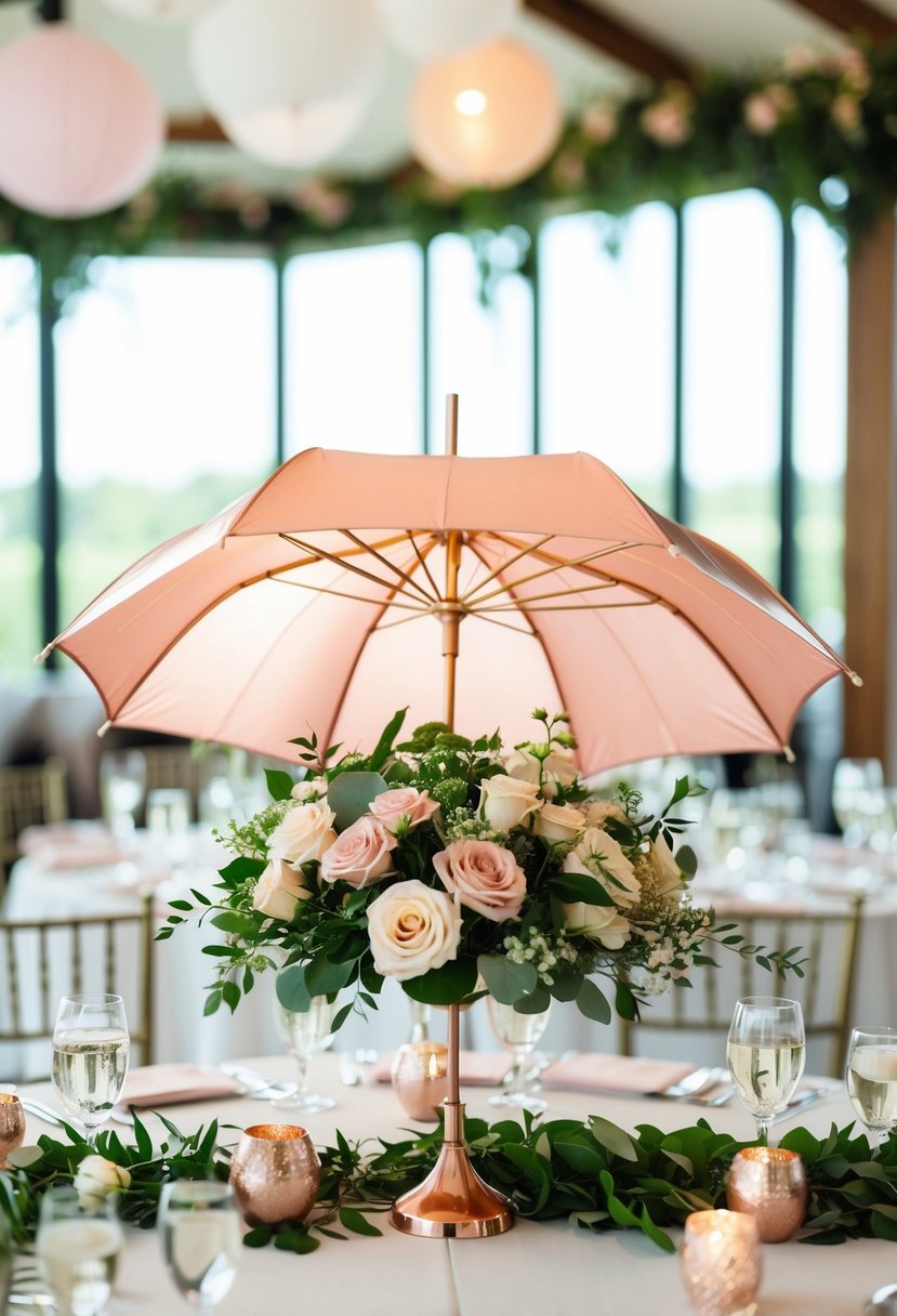 A rose gold umbrella adorned with flowers and greenery, serving as a centerpiece on a wedding table