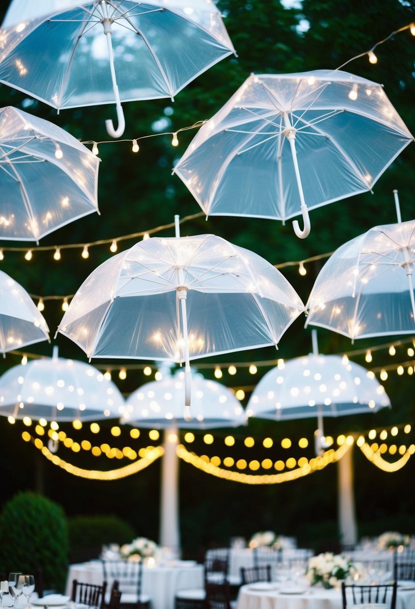 Translucent umbrellas adorned with fairy lights hang above wedding tables, creating a magical and enchanting atmosphere