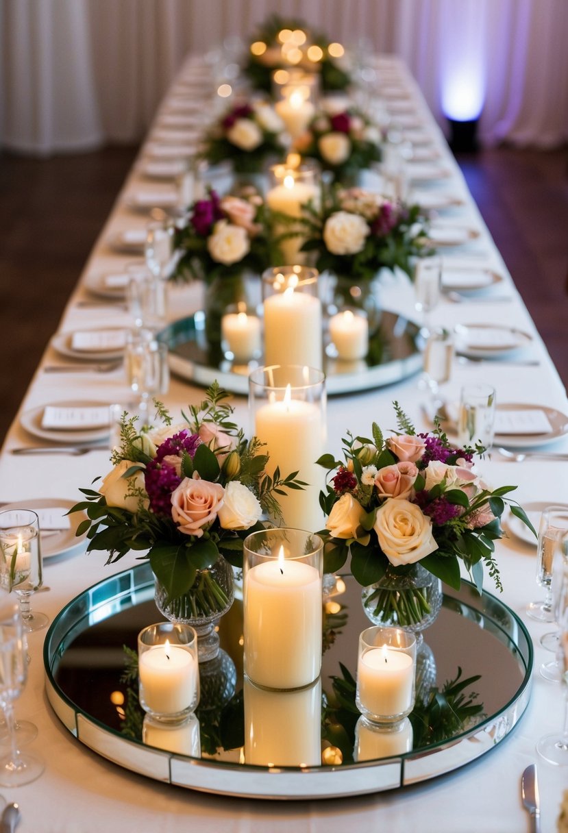 Mirrored trays with floral centerpieces and candles arranged in a symmetrical pattern on a wedding reception table