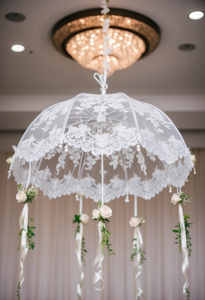 A lace umbrella hangs from the ceiling, adorned with delicate flowers and ribbons, creating a romantic and elegant atmosphere for a wedding table decoration