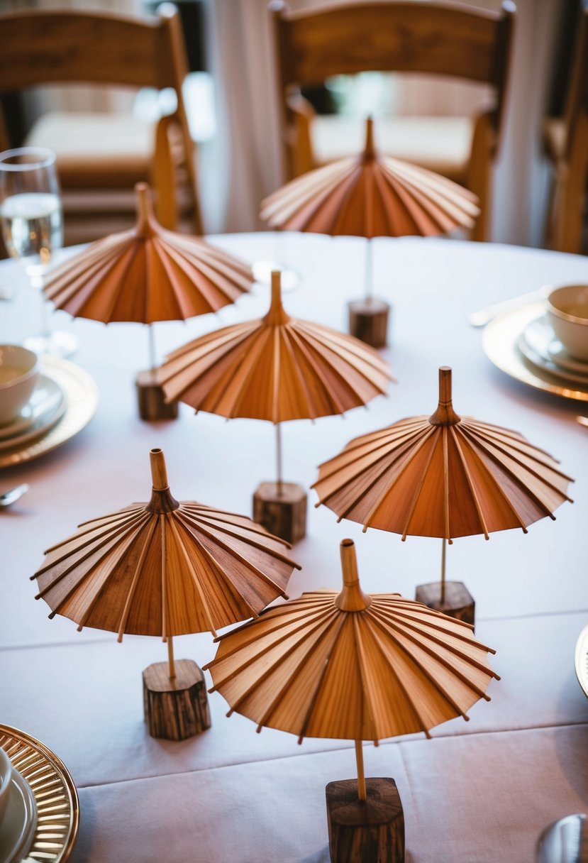 Several wooden umbrella ornaments arranged as table decorations for a wedding