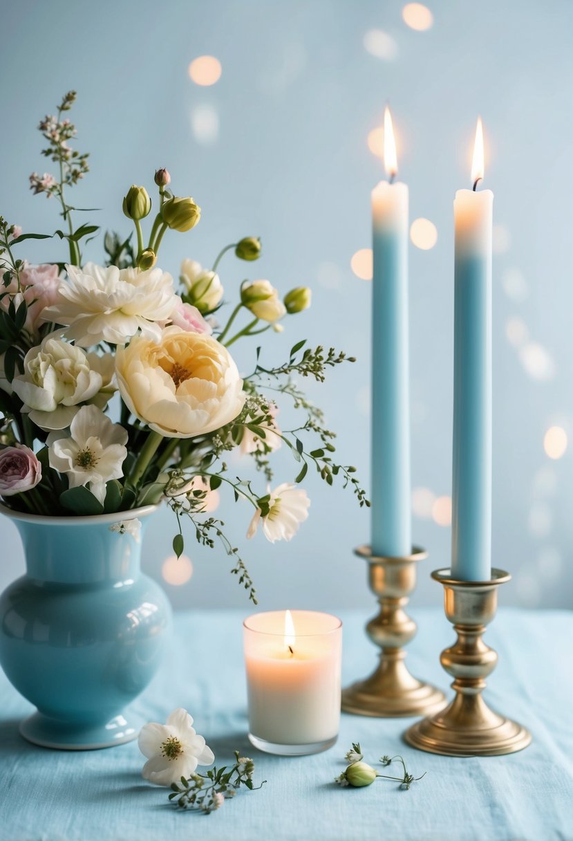 A light blue table adorned with delicate flowers and elegant candles