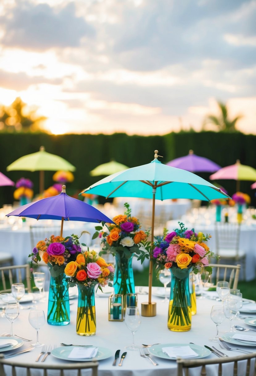 Umbrella vases filled with colorful floral arrangements adorn a wedding table, adding a whimsical and elegant touch to the decor